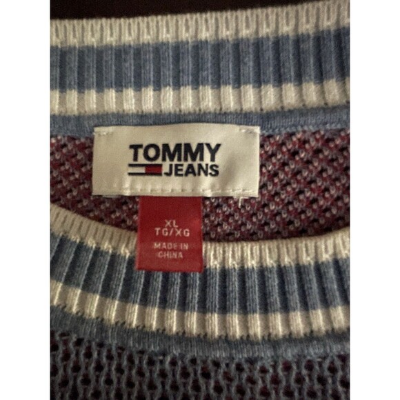 Tommy Jeans Brand Mesh-Stitch Sweater Purple W/Red Under Tones Big Peace Logo - Picture 6 of 6